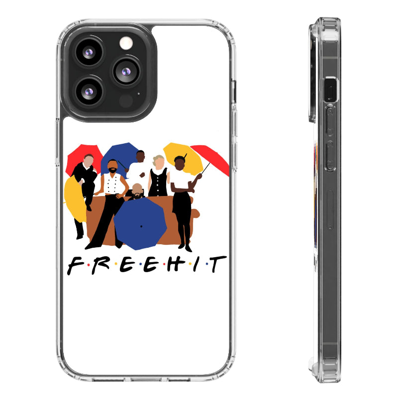 Phone case with a design of people holding umbrellas and the word 'FREEHIT' on a white background