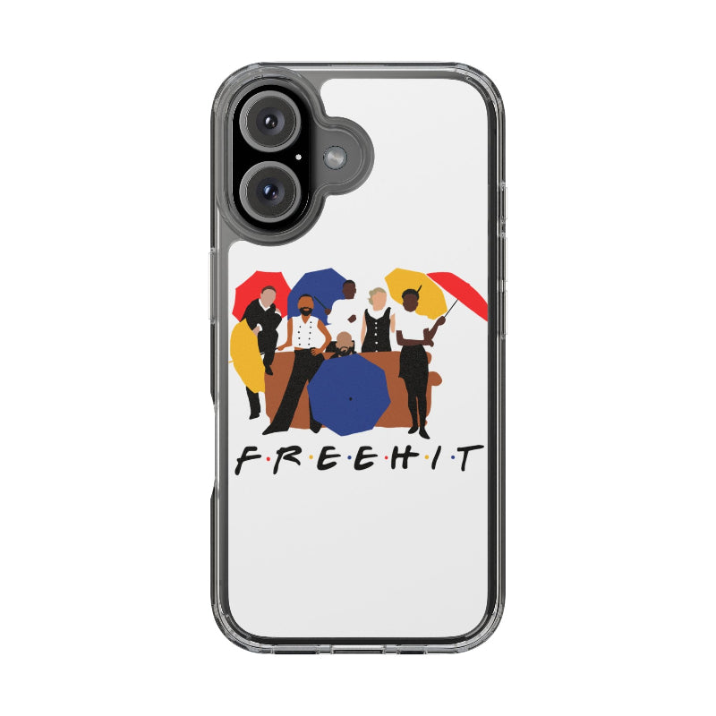 Phone case with a design of people under colorful umbrellas and the text 'FREEHIT' on a white background.