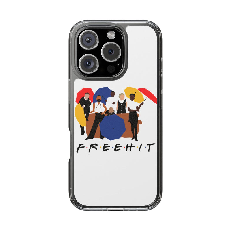 Phone case with a graphic design of people under colorful umbrellas and the word 'FREEHIT'.