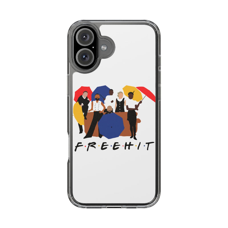 Phone case with a graphic design of people under colorful umbrellas and the text 'FREEHIT' on a white background.