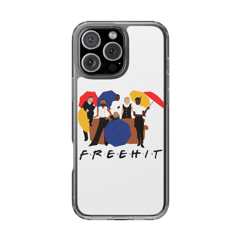 Phone case with a graphic of people under colorful umbrellas and the word 'FREEHIT'.