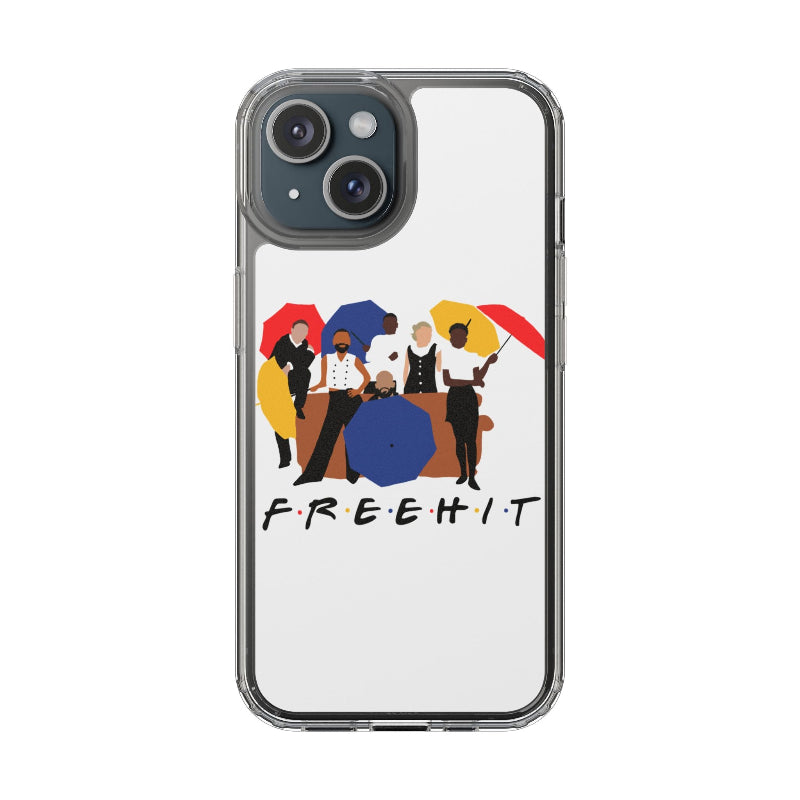 Phone case with a graphic of people under colorful umbrellas and the word 'FREEHIT'.