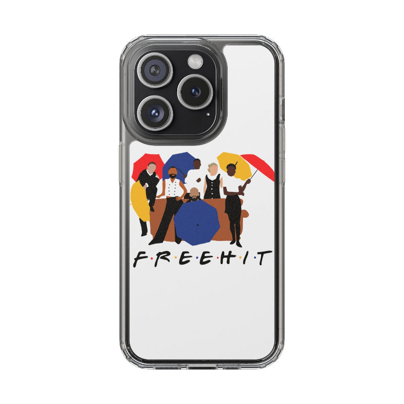 Phone case with a colorful design of people under umbrellas and the word 'FREEHIT'.