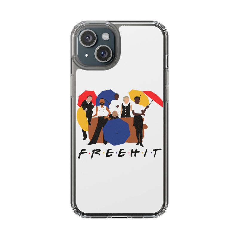Phone case with a graphic design of people under colorful umbrellas and the text 'FREEHIT'.