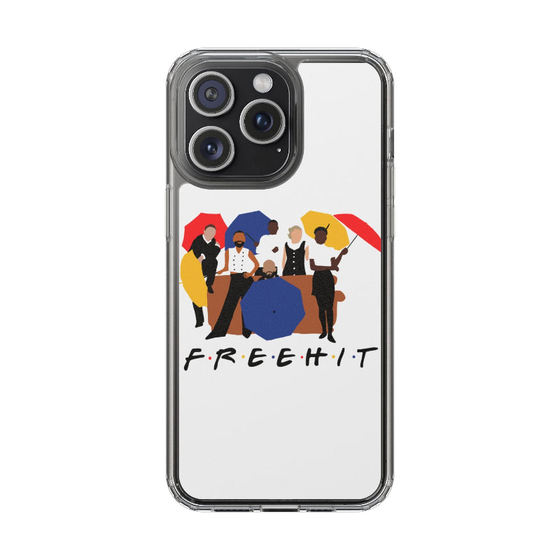 Phone case with a colorful design of people on a couch and the word 'FREEHIT' below it.