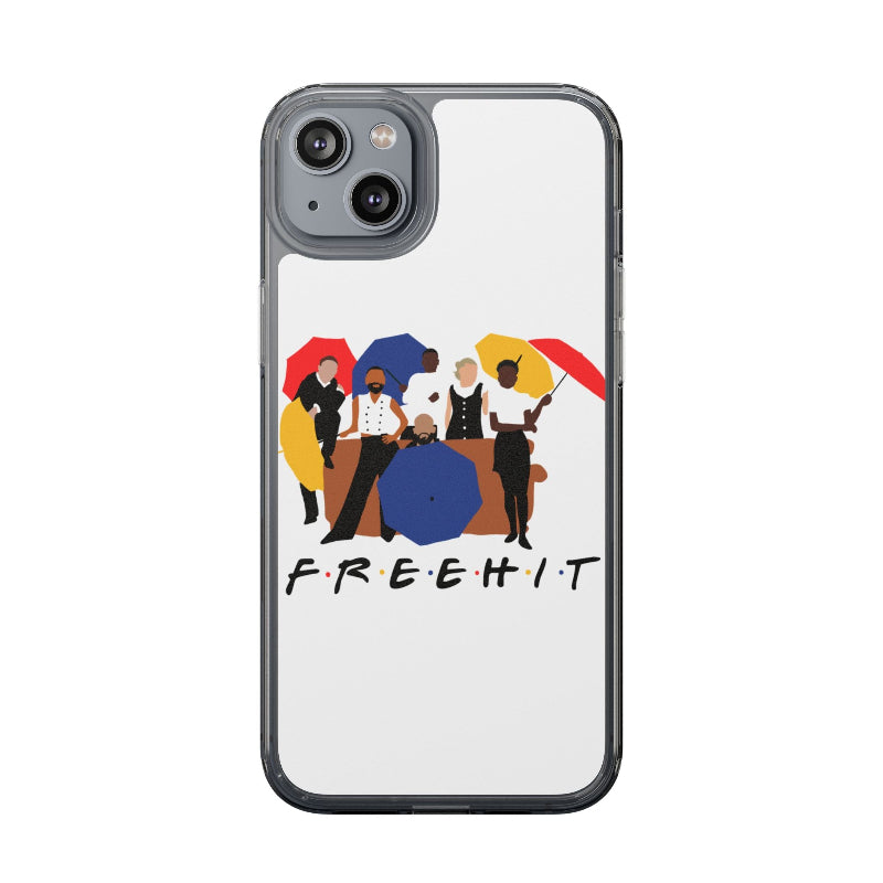 Phone case with a colorful design of people on a couch and the word 'FREEHIT' on a white background