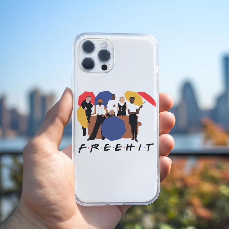 Phone case with colorful design and 'FREEHIT' text held by a hand with a cityscape background