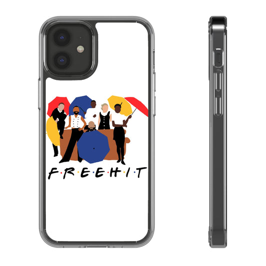 Phone case with a graphic of people under colorful umbrellas and the text 'FREEHIT'.