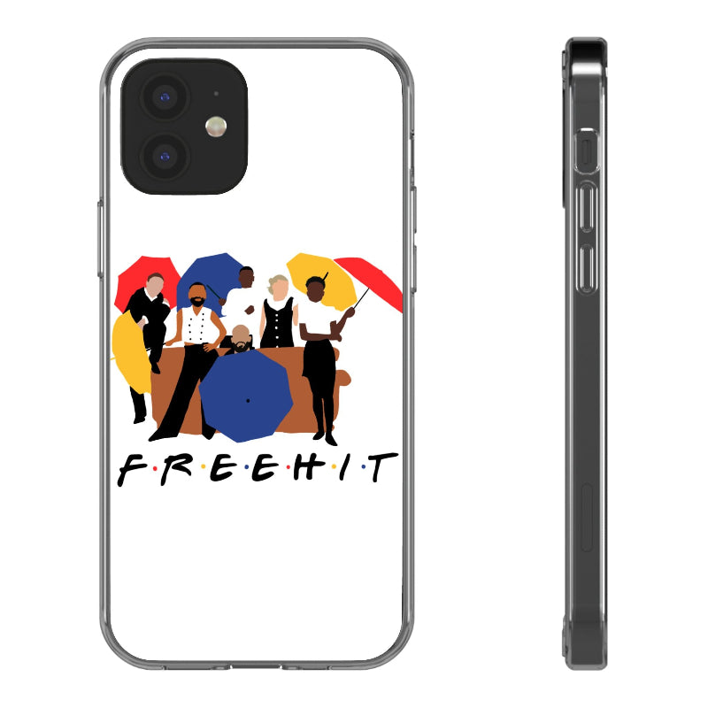Phone case with a colorful design of people and the word 'FREEHIT' on a white background