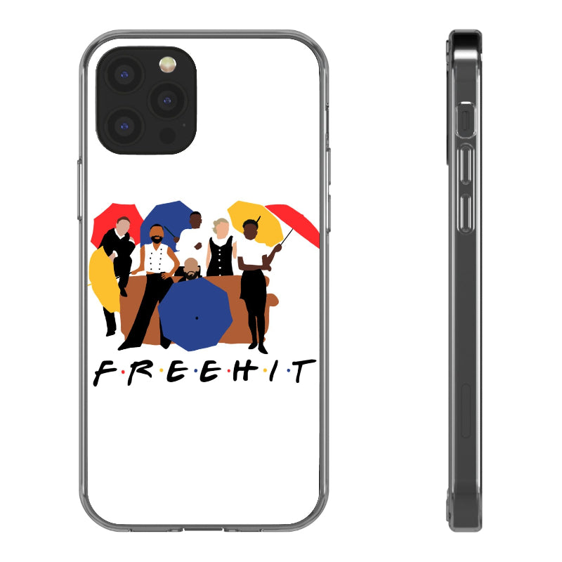 Phone case with a colorful design of people and the word 'FREEHIT' on a white background