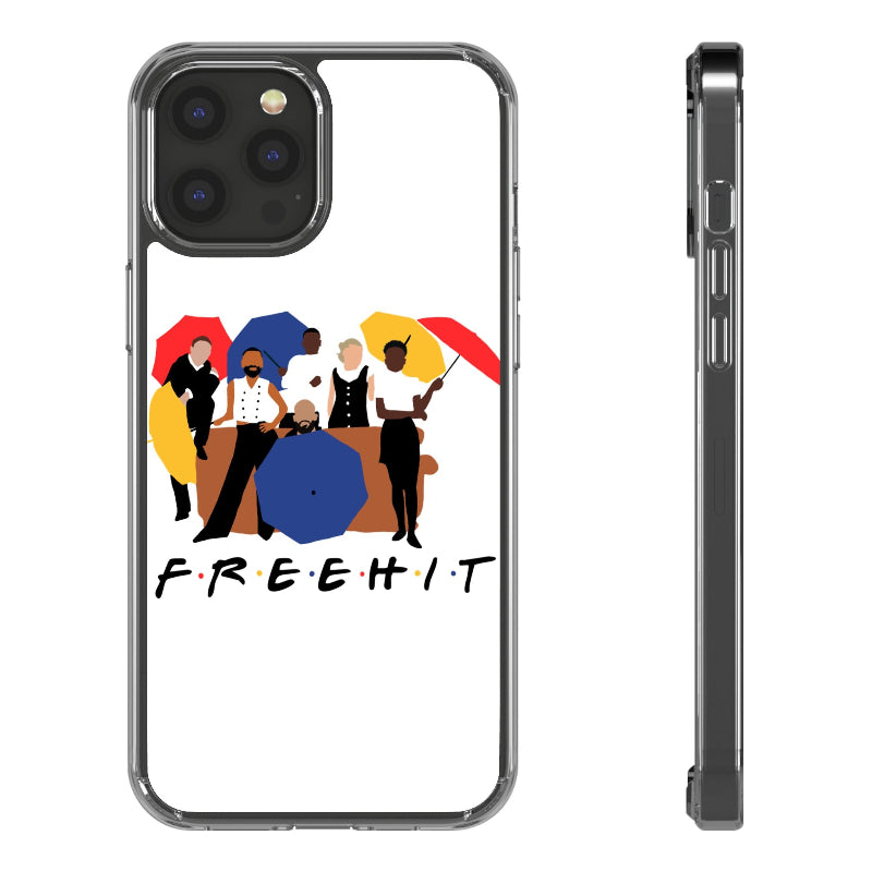 Phone case with a graphic design of people holding colorful umbrellas and the text 'FREE HIT'.