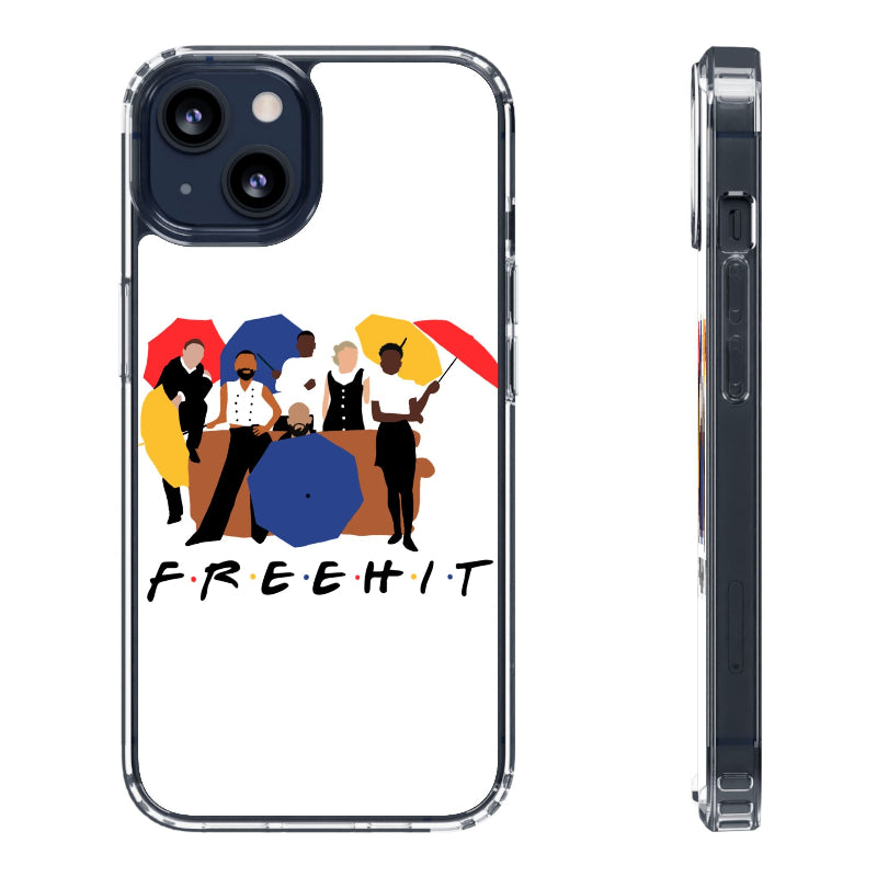 Phone case with a colorful design of people under umbrellas and the word 'FREEHIT'.