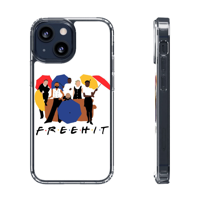 Phone case with a colorful design of people on a couch and the text 'FREEHIT'.