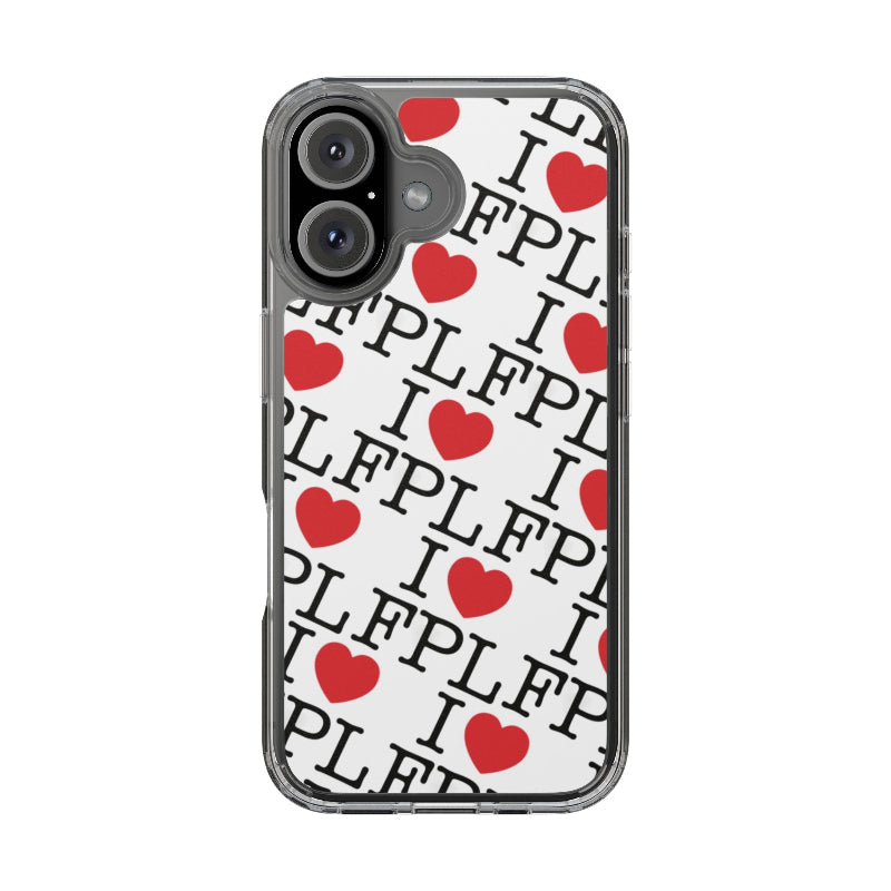 Phone case with 'I LOVE FPL' text and red hearts on a white background