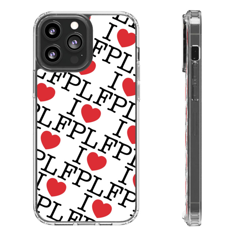 Phone case with 'I LOVE FPL' text and red hearts on a white background