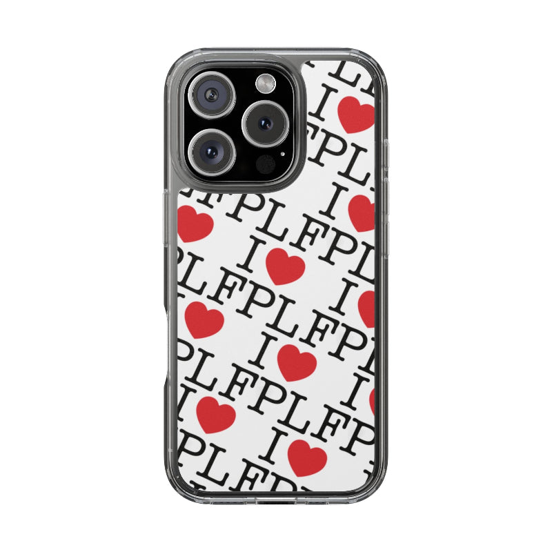 Phone case with 'I ❤️ FPL' text and red hearts on a white background