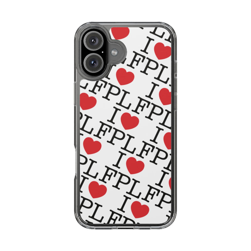 Phone case with 'I LOVE FPL' and red heart patterns on a white background