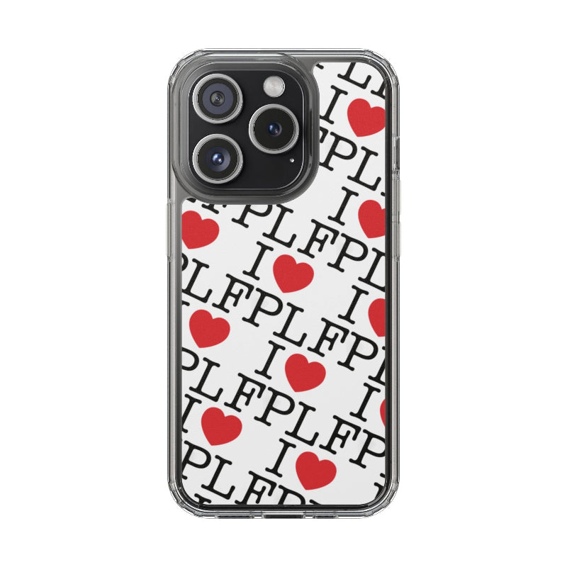 Phone case with 'I LOVE FPL' text and red hearts on a white background