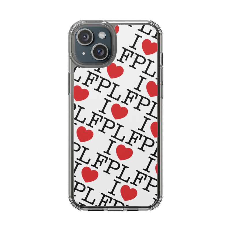 Phone case with 'I LOVE FPL' text and red hearts on a white background