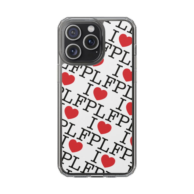 Phone case with 'I ❤️ FPL' and red hearts on a white background