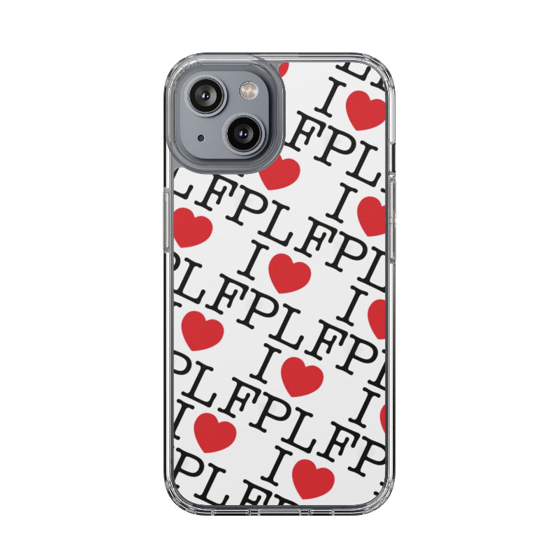 Phone case with 'I ❤️ FPL' text and red hearts on a white background
