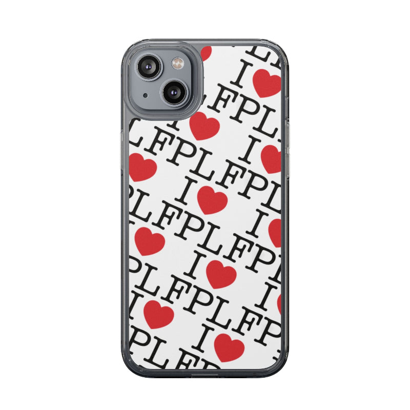Phone case with 'I ❤️ FPL' text and red hearts on a white background