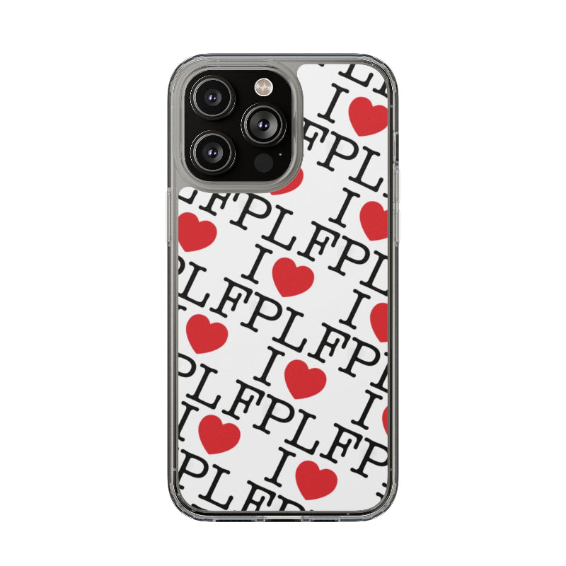 Phone case with 'I ❤️ FPL' text and red hearts on a white background