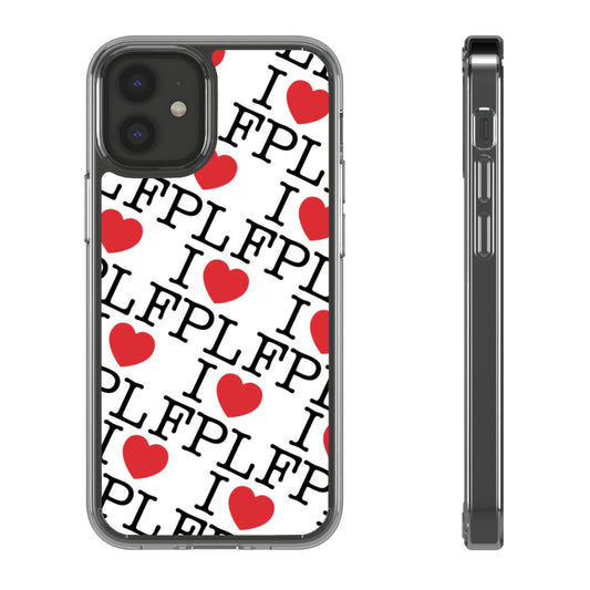 Phone case with 'I ❤️ FPL' text and red hearts on a white background