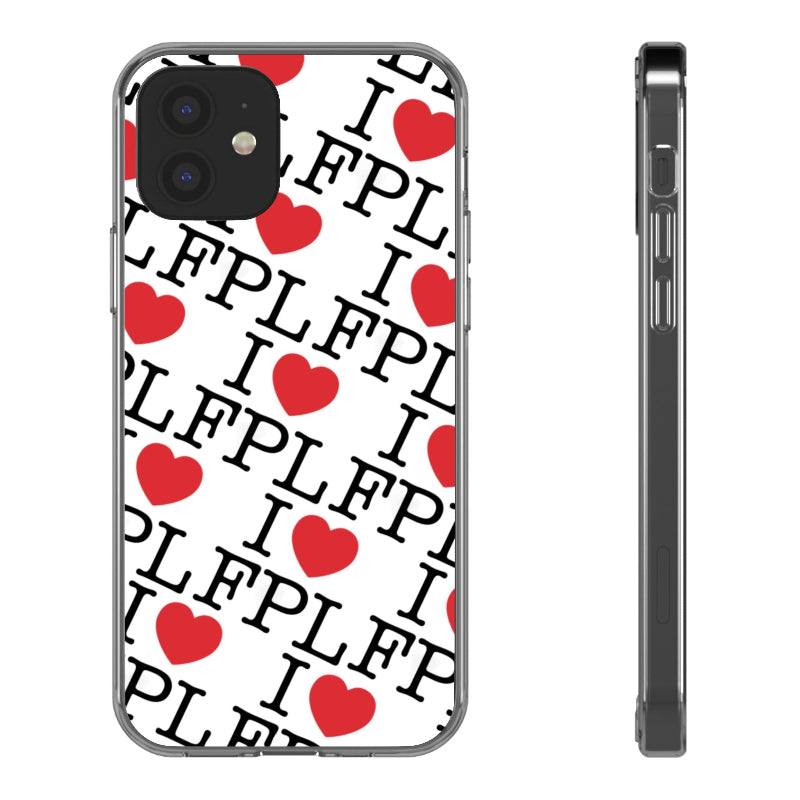 Phone case with 'I LOVE FPL' text and red hearts on a white background