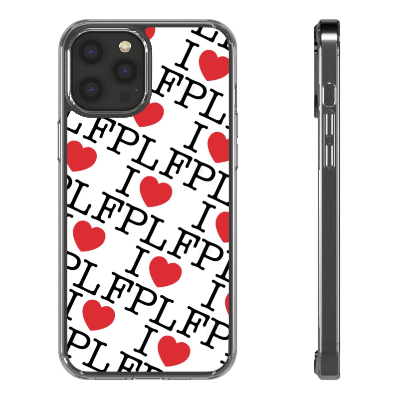Phone case with red hearts and text on a white background