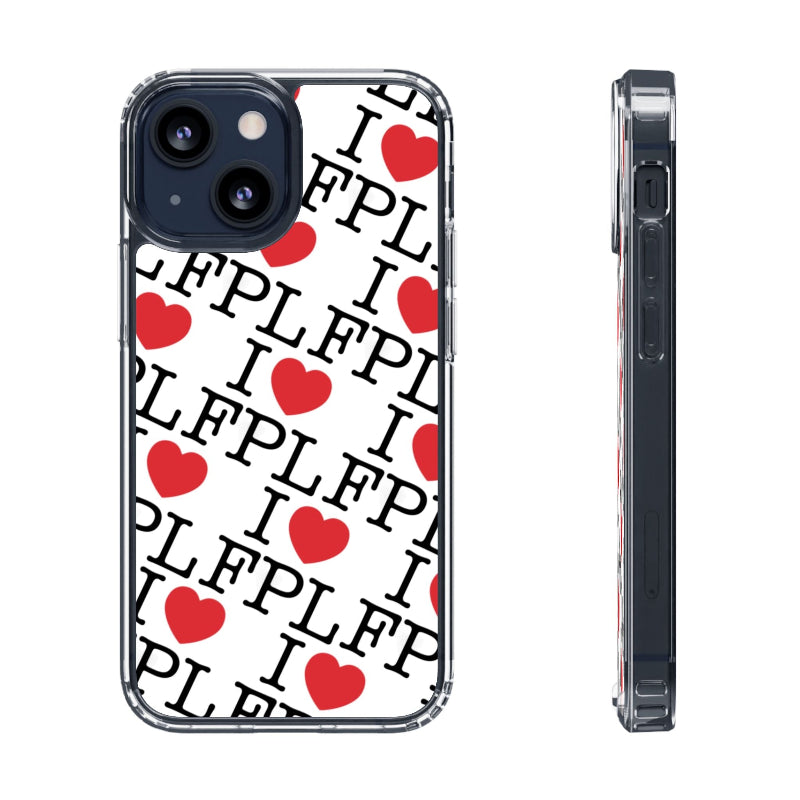 Phone case with 'I LOVE FPL' text and red hearts on a white background