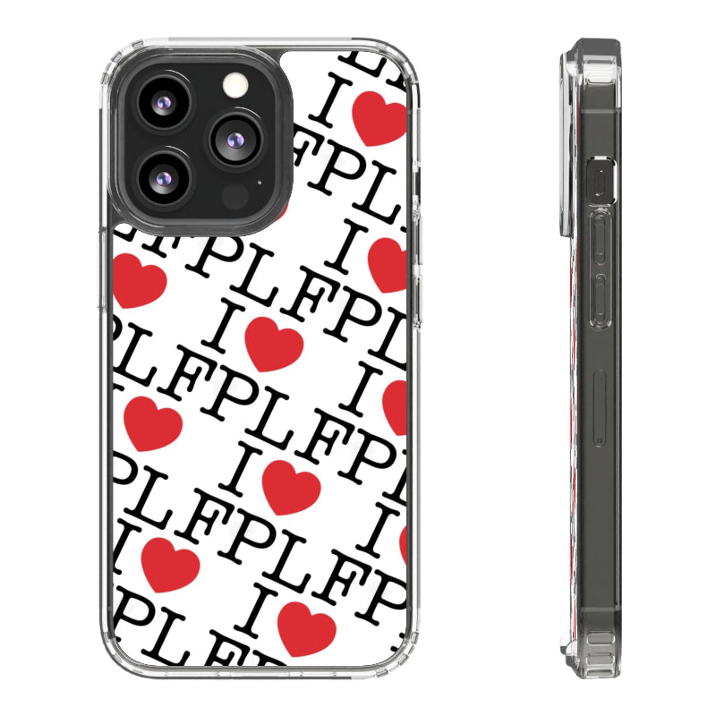 Phone case with 'I ❤️ FPL' text and red hearts on a white background