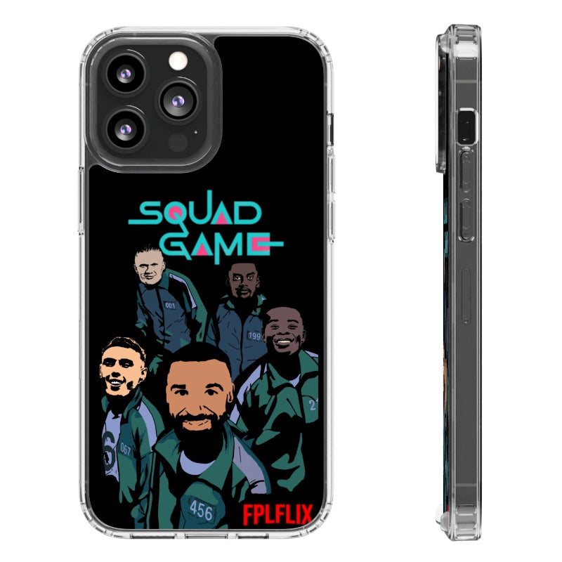 Phone case with 'Squad Game' design featuring cartoon characters on a black background