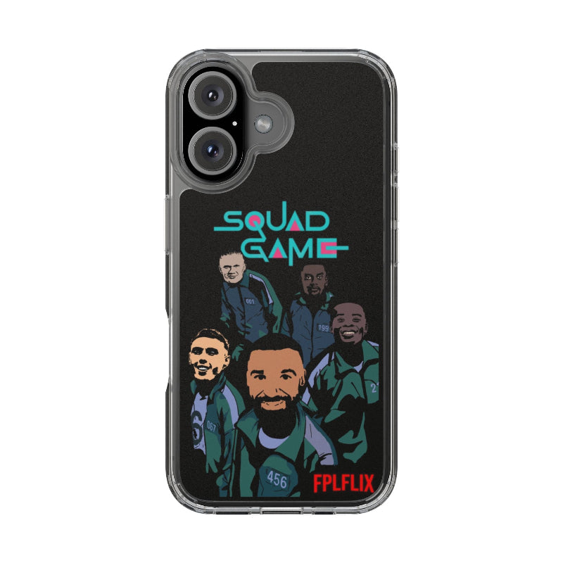 Phone case with 'Squad Game' design featuring cartoon characters and text on a black background