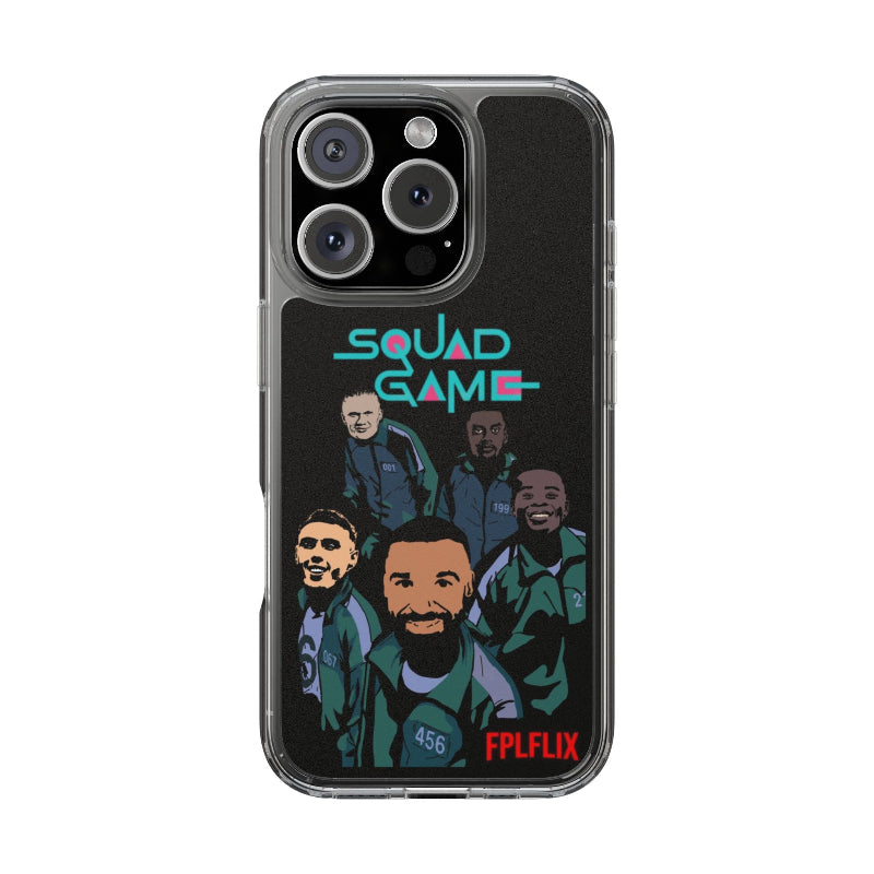 Phone case with illustration of people and text 'Squad Game' on a black background