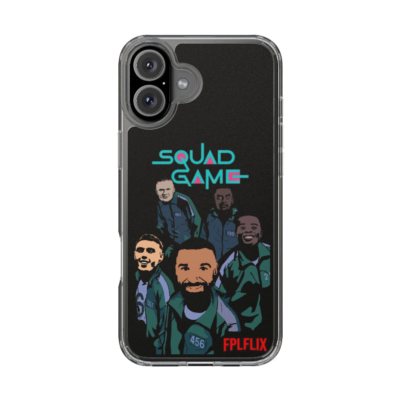 Phone case with 'Squad Game' text and cartoon characters on a black background