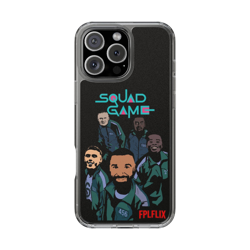 Phone case with illustrations of people and text 'Squad Game' and 'FPLFLIX' on a black background