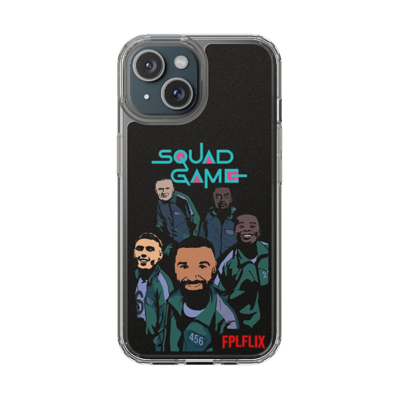 Phone case with 'Squad Game' design featuring cartoon characters and text on a black background
