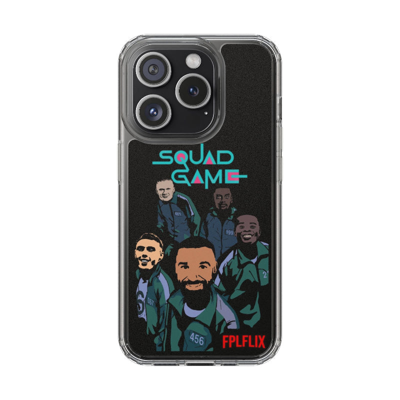 Phone case with 'Squad Game' text and character illustration on a black background