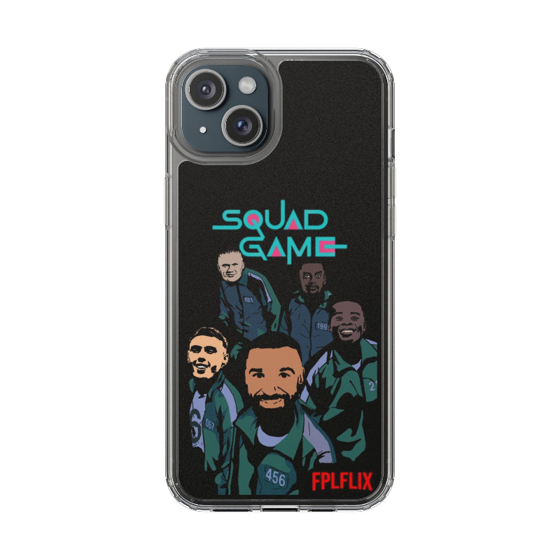 Phone case with 'Squad Game' design featuring cartoon characters and text on a black background