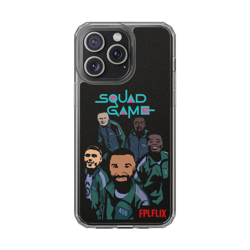 Phone case with 'Squad Game' text and character illustrations on a black background