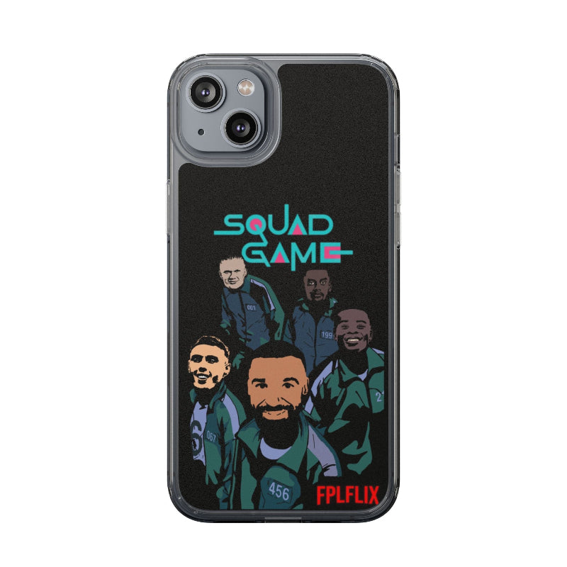 Phone case with 'Squad Game' text and illustrations on a black background