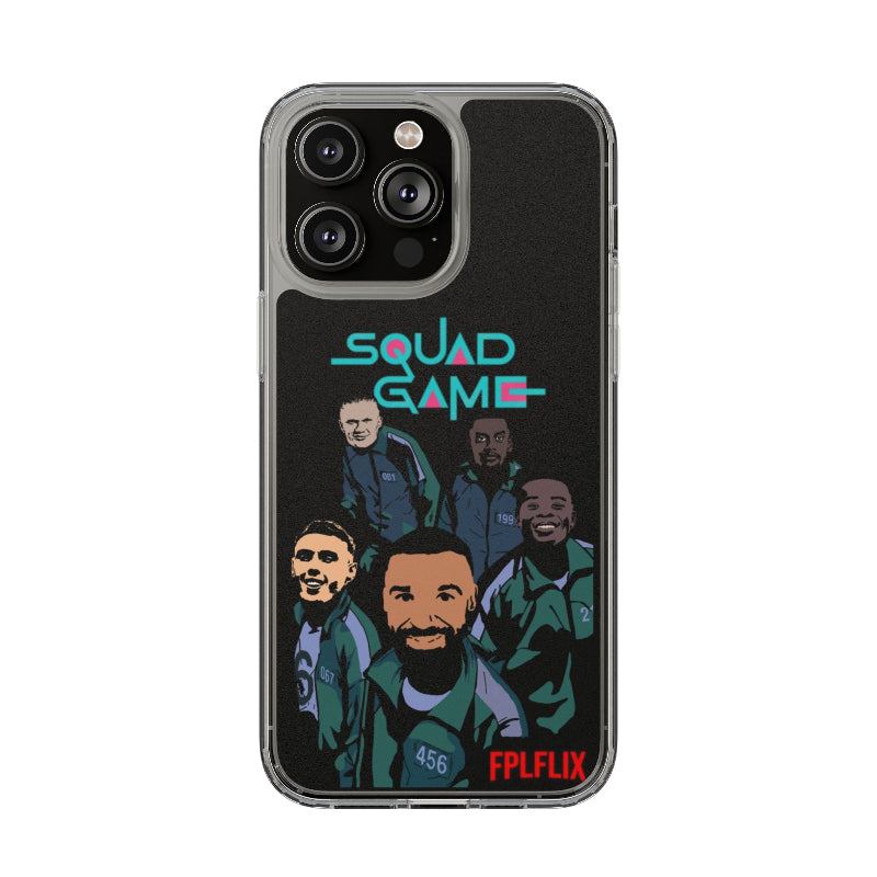 Phone case with 'Squad Game' design and 'FPLFLEX' branding on a black background
