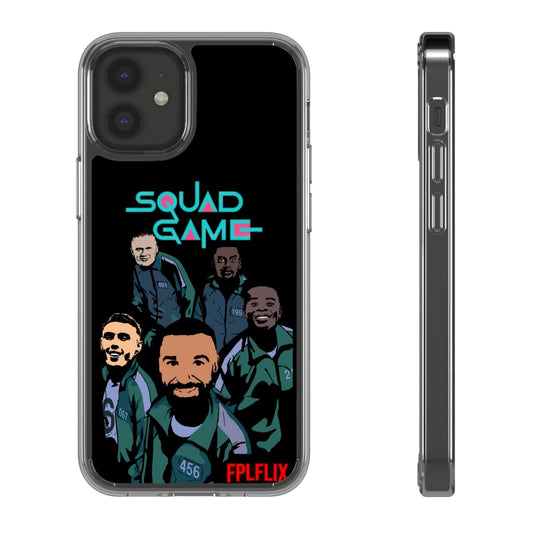 Phone case with 'Squad Game' design featuring cartoon characters and text on a black background