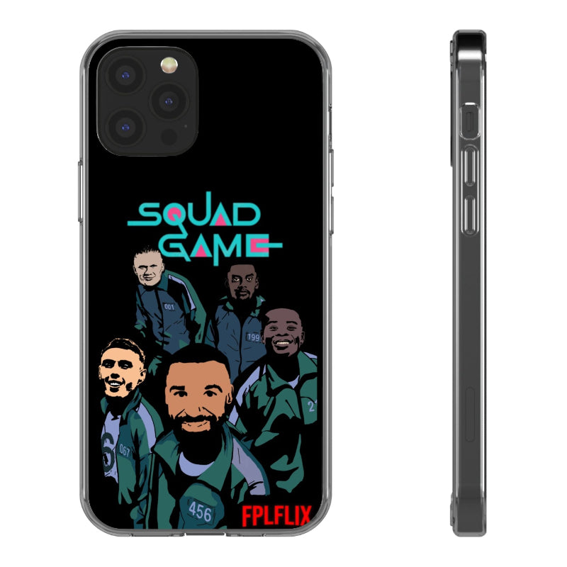 Phone case with illustration of people and 'Squad Game' text on a black background