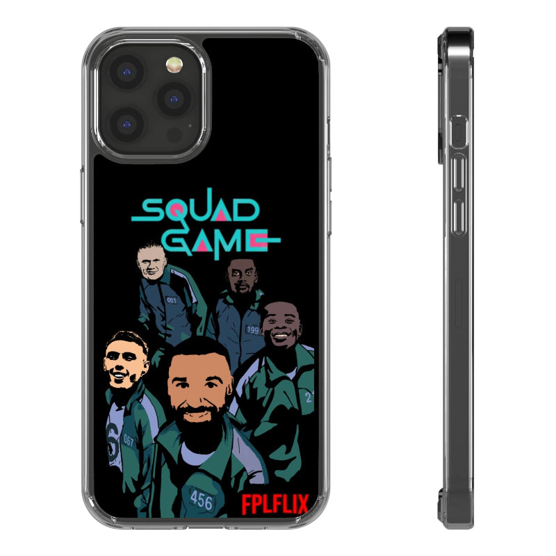Phone case with 'Squad Game' and 'FPLFLIX' text, featuring illustrations of people on a black background.
