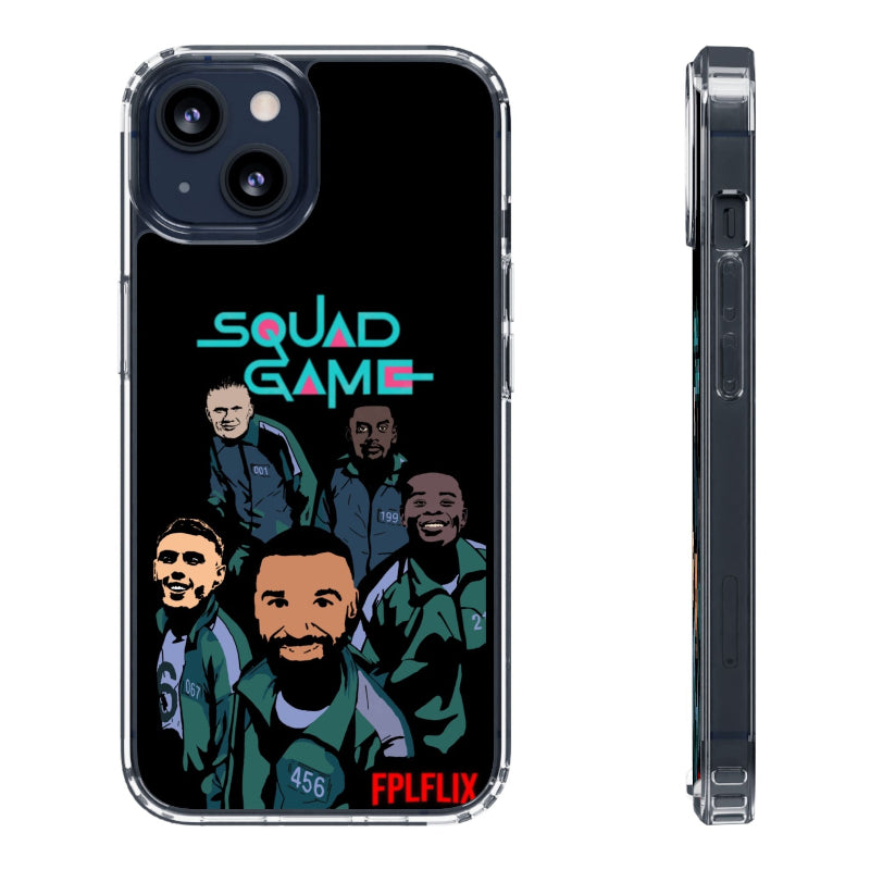 Phone case with 'Squad Game' text and cartoon characters on a black background