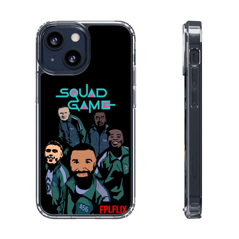 Phone case with 'Squad Game' design featuring cartoon characters and text on a black background.