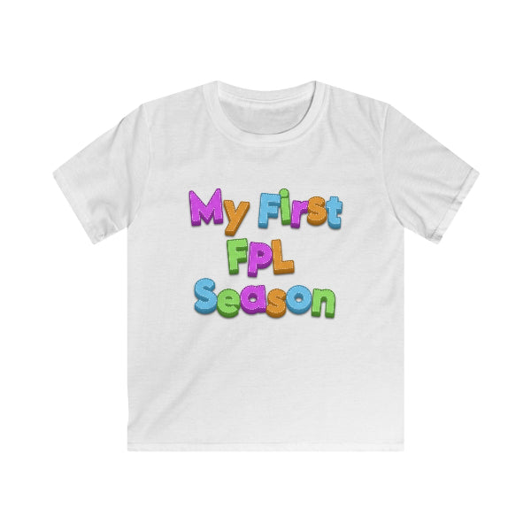 White t-shirt with colorful text 'My First FPL Season' on a white background
