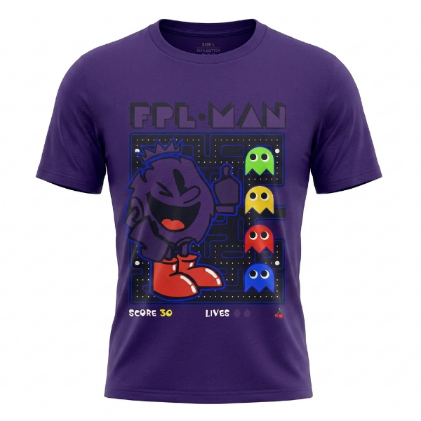 A purple short-sleeve crewneck t-shirt featuring a retro video game graphic of a Pac-Man-like character and colorful ghosts under the text 'FPL-MAN'.